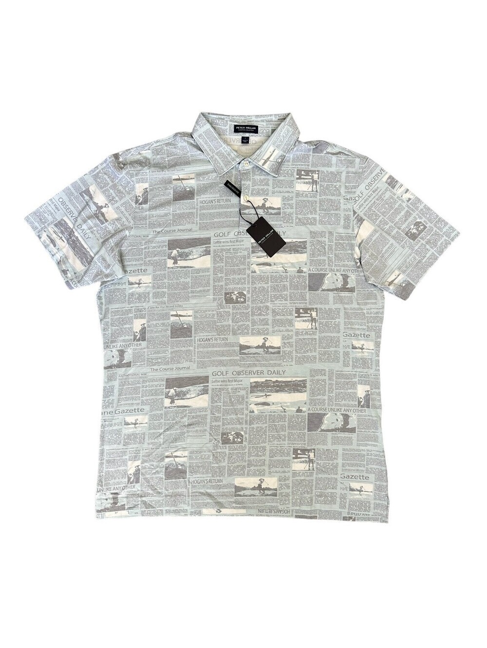 Peter Millar Crown Crafted Golf Newspaper Polo Shirt Blue White Men’s Size Large